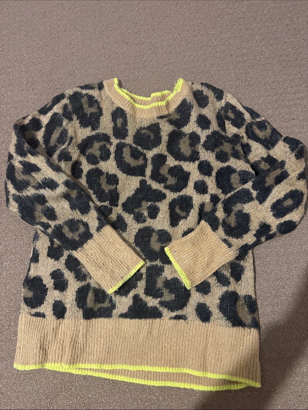 Lily White Leopard Crewneck Sweater with Neon Yellow Trim